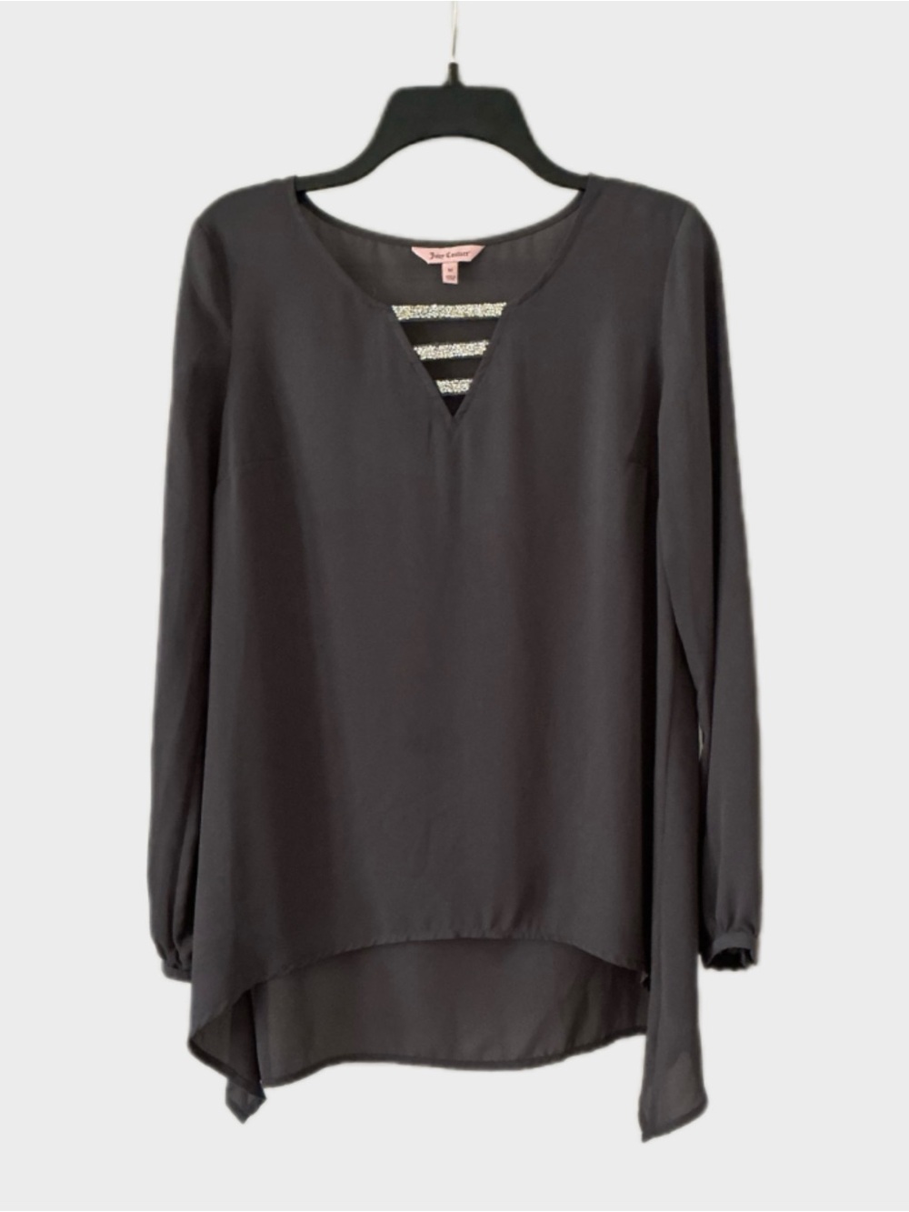 Juicy Couture Gray Long-Sleeve V-Neck Tunic Top with Embellished Cutout Accent